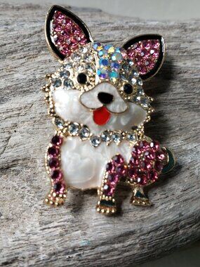 New Puppy Dog Brooch Chihuahua Pink and Clear Rhinestones Pet Pin